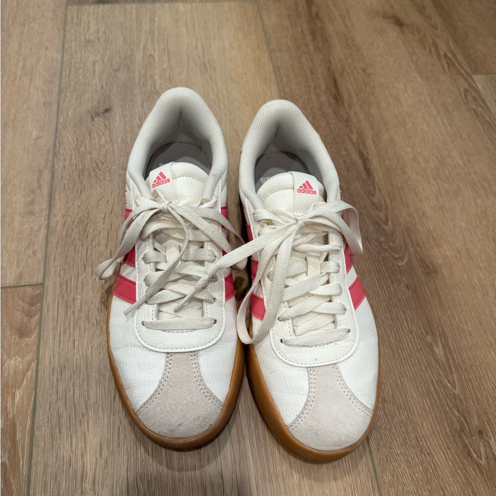 Adidas White and Pink Trainers with Gum Sole